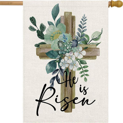 He Is Risen House Flag 28 x 40 Inch Happy Easter Cross Religious Decorative Double Sided Burlap Flag for Spring Easter Farmhouse Yard Holiday Decoration
