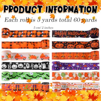 12 Rolls 60 Yards Halloween Fall Wired Ribbon for Wreath Bow Craft - style: Fall and Ghost