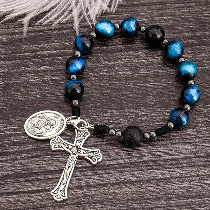 Nazareth Store Tiger Eye Beads One Decade Rosary Handmade Pocket Car Mirror with Saint Joseph Medal and Jesus Cross in Antique Silver Volcanic Stone Travel Friendly Rosary - color: Blue Tiger Eye