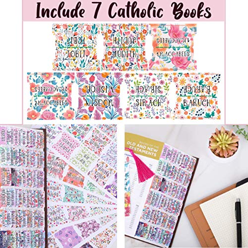 Decorative Catholic Bible Tabs, Floral Bible tabs, 90 tabs in Total, 73 tabs for Old and new Testament, Additional 17 Blank tabs (Floral-Catholic) - color: Floral-catholic