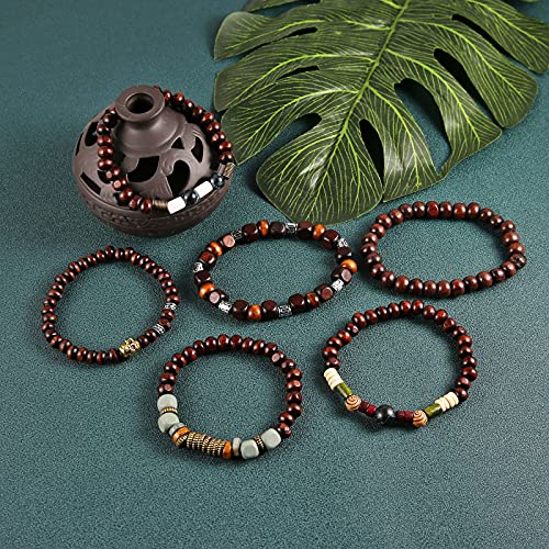 HZMAN Handmade Hemp Cords Wood Beads Leather Bracelets for Men Women - style: Skull