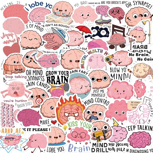 50pcs Cute Cartoon Brains Stickers Waterproof PVC Vinyl Decals for Laptop Scrapbooking Journaling Notebook Party Supplies, for Teens Adults - color: Brain