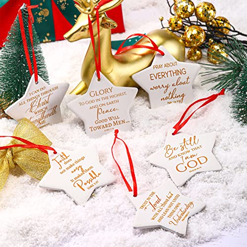 6 Pieces Christian Christmas Tree Ornaments Star Shaped Ceramic Ornament Flat Religious Bible Verse Inspirational Quotes Merry Christmas Keepsake Ornament Xmas Hanging Disc Ornaments for Appreciation