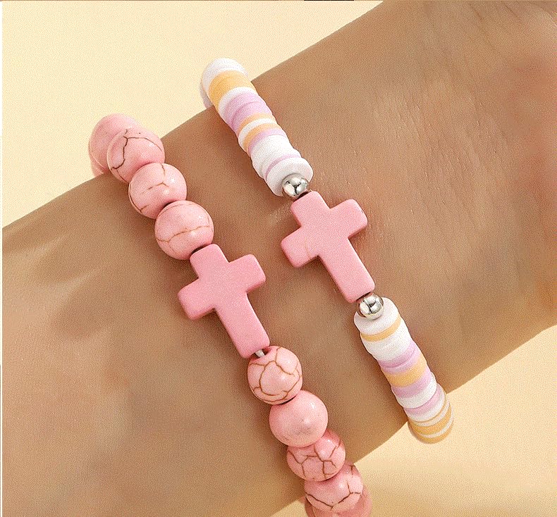 Colorful Handmade Cross Beaded Bracelet for Women Qute Religious Stone Clay Beaded Bracelet for Christian Inspirational Easter Chrismas Thanksgiving Gifts Jewelry - color: Pink
