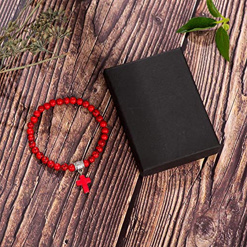 Softones 6mm Bead Cross Pendant Bracelet for Women Healing Stone Stretch Prayer Bracelet for Women,with Gift Box - color: Red Turquoise
