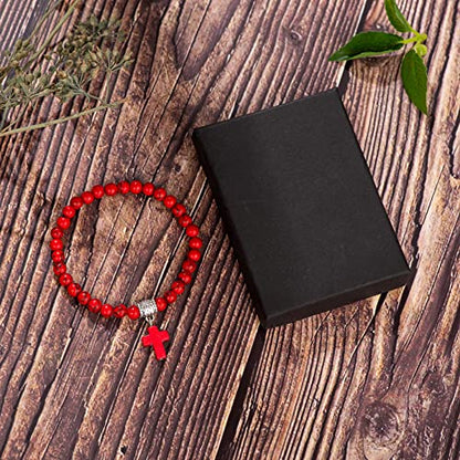 Softones 6mm Bead Cross Pendant Bracelet for Women Healing Stone Stretch Prayer Bracelet for Women,with Gift Box - color: Red Turquoise