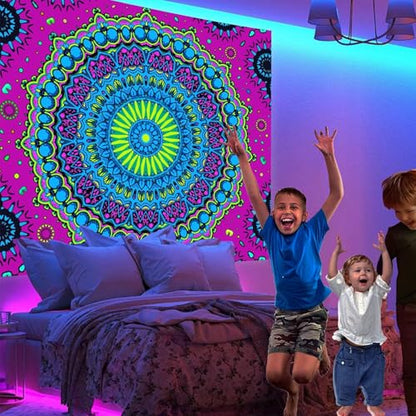 Apdidl Blacklight Mandala Tapestry for Bedroom, Black Light Boho UV Posters - color: Mandala Blacklight Tapestry, size: 60"L x 51"W