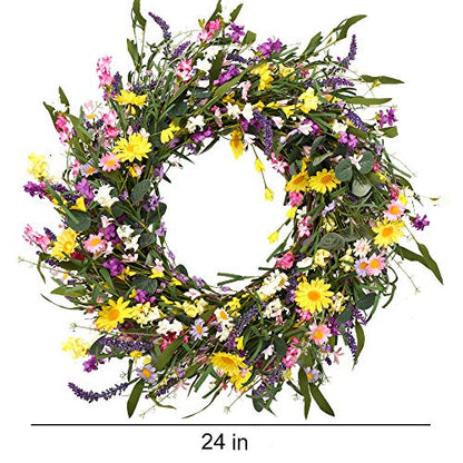 J'FLORU Spring Wreath 24 Inch Summer Wreaths for Front Door Artificial Flower Wreath with Daisy and Lavender for Indoor Outdoor and Easter Celebration