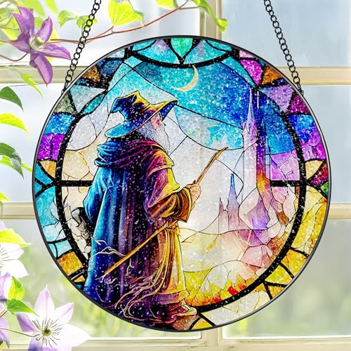 Stained Glass Window Hanging, LAOWEIKI 8'' Witch Suncatcher, Stained Glass Ornament, Suncatchers for Windows Hanging, Window Decor, Outdoor or Indoor, Gifts for Friends - color: Wizard