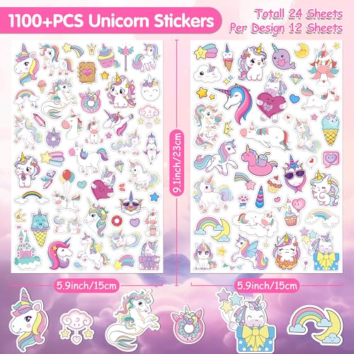 LINAYE 24 Sheets Unicorn Stickers for Kids Girls, 1100 PCS Cute Unicorn Stickers for Scrapbooking,Water Bottles,Envelopes,Gifts Party Favors Supplies for Girls - style: Unicorn 24 Sheets