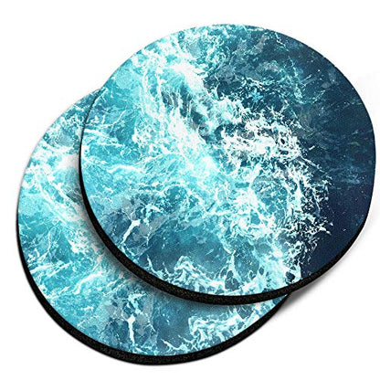 , Blue Ocean Wave Design Absorbent ROUND Fabric Felt Neoprene Car Coasters for Drinks, 2pcs Set - color: Blue Ocean Wave