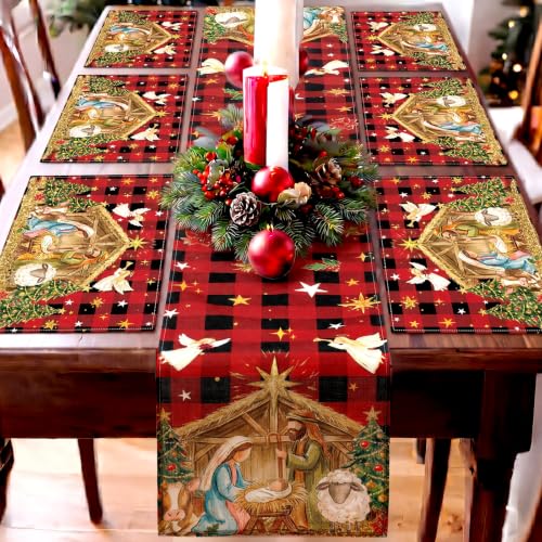 Patelai 7 Pcs Christmas Nativity Table Runner and Placemats Set, Serve 6 - color: Red Yellow, style: Nativity