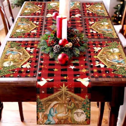 Patelai 7 Pcs Christmas Nativity Table Runner and Placemats Set, Serve 6 - color: Red Yellow, style: Nativity