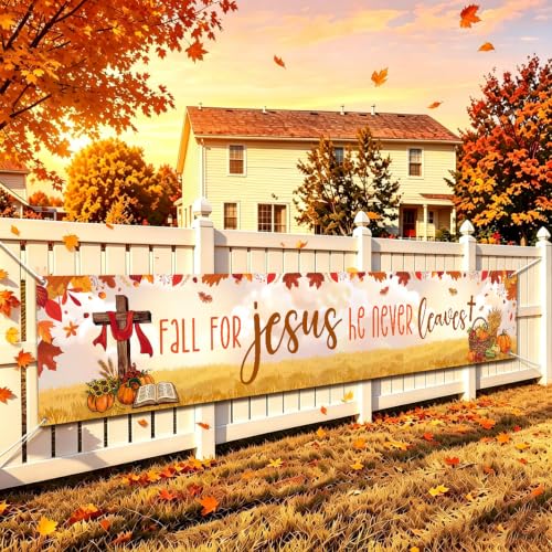 Fall for Jesus He Never Leaves Christian Fall Banner Thanksgiving Yard Sign - color: Fall for Jesus He Never Leaves