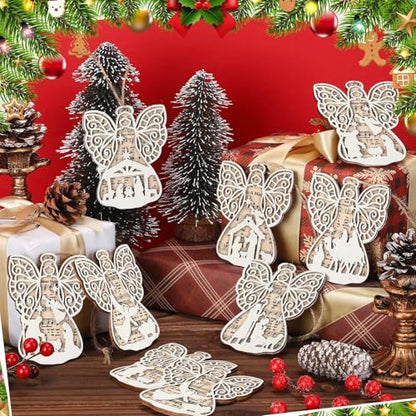 Shellwei 24 Pcs Christmas Wooden Nativity Ornaments Set Bulk Gift - style: Angel