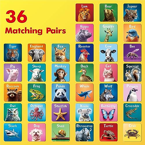 Hebayy 72 PCS Memory Matching Game, Real Animal Matching Cards for Toddlers 36 Pairs Memory Cards for Preschool 4 5 6 Years Old - style: Real Animals-A