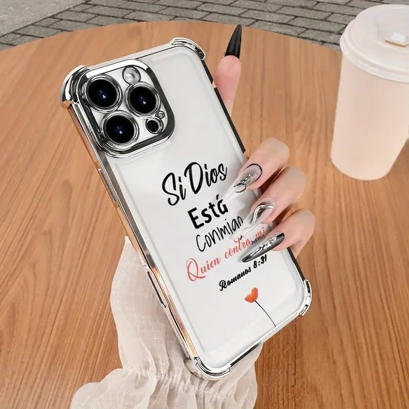 Electroplated Phone Case Compatible with iPhone 17 Pro Max 16 15 14 13 12, Si Dios Esta Conmigo Bible Verse Pattern, Four Corner Shockproof Cover, Women Faith Gift (Silver, iPhone 17 Pro)