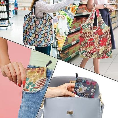 Cute Reusable Grocery Bag, 4 Pack 50Lbs compact Foldable shopping bag - color: Flower & Leaves 4 Pack