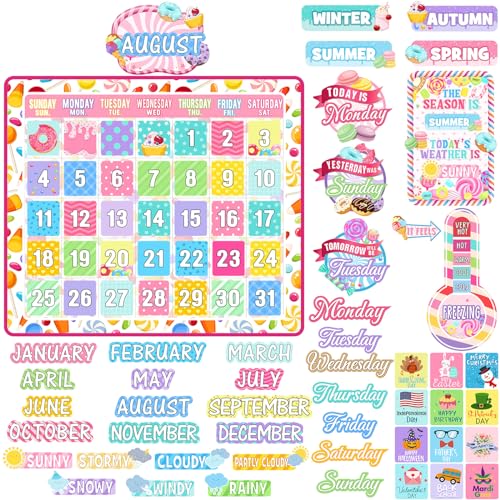 Cholemy 85 Pcs Calendar Bulletin Board Set Classroom Calendar Bulletin Board with Numbers Month Weather Classroom Decorations for Back to School Wall Chalkboard Decor Supplies(Candyland) - style: Candyland
