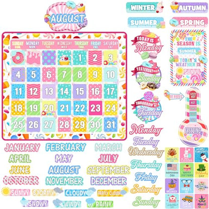 Cholemy 85 Pcs Calendar Bulletin Board Set Classroom Calendar Bulletin Board with Numbers Month Weather Classroom Decorations for Back to School Wall Chalkboard Decor Supplies(Candyland) - style: Candyland