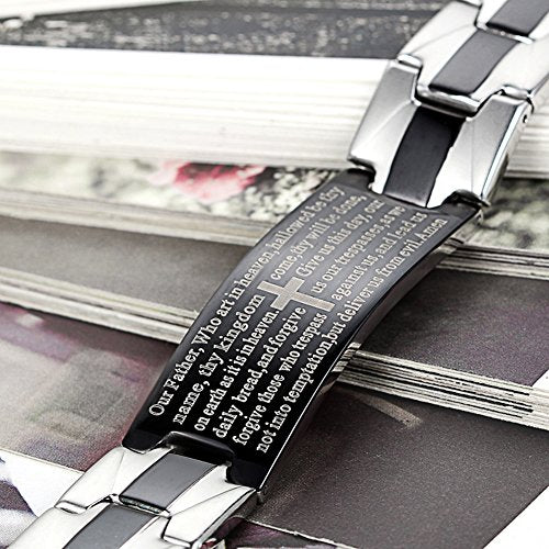 Flongo Men's Vintage Stainless Steel Black Cross English Bible Lords Prayer Link Wrist Bracelet For Men Christmas Gifts - color: silver, 9.8 inches