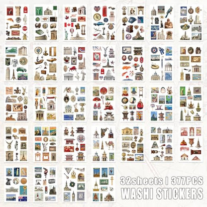 Bomichi Travel Sticker Book, 32 Sheets 377 Pcs Vintage Aesthetics Stickers & 20 Sheets Washi Paper for Journaling Scrapbooking Bullet Journals Planners Letter Card Making - style: Travel sticker book