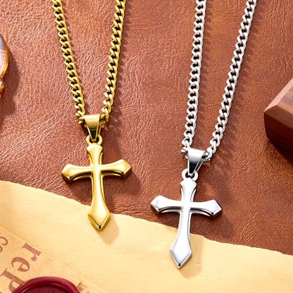 ALEXCRAFT Gold Cross Necklace for Men,14K Gold Plated Cross Pendant Necklace Cuban Chain Stainless Steel Cross Necklace Faith Cross Jewelry Gift Minimalist Trendy Pendant Necklaces - color: Silver