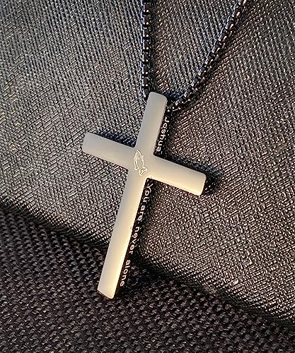 Cross Necklace Stainless Steel Necklace Religious Bible Verse Pendant Crucifix Necklace Faith Jewelry with 22' Chain - style: Joshaua 1:9 - Black
