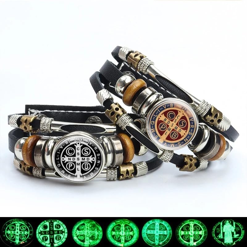 925 Sterling Silver San Benito Bracelet For Men - Luminous St Benedict Bracelets Leather Catholic San Benito Snap Button Bangles Multilayer Wristband, Rosario De San Benito, Pulseras De San Benito - color: 2 - San Benito Bracelet