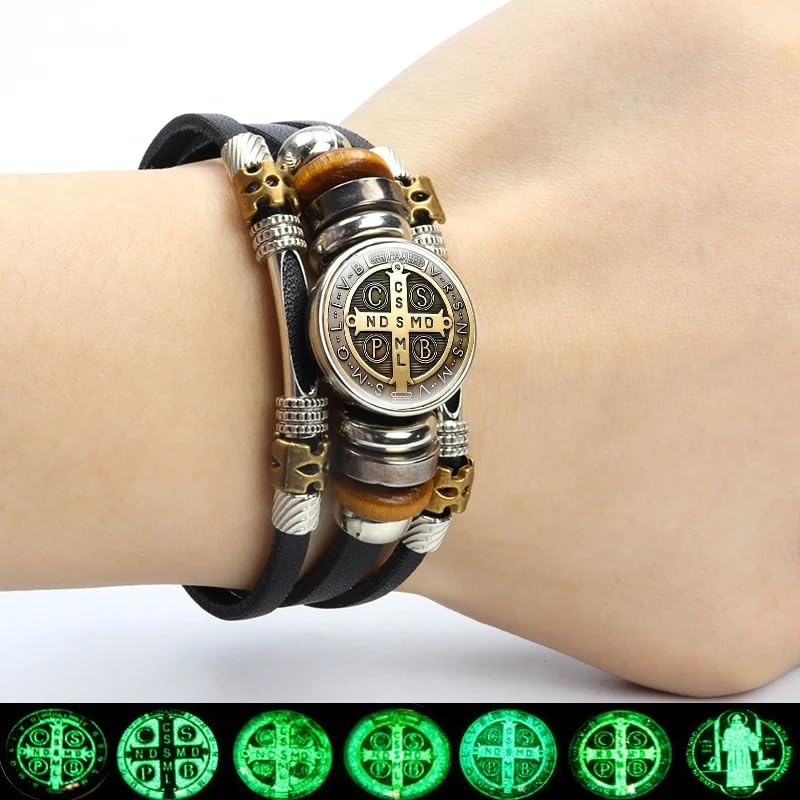 925 Sterling Silver San Benito Bracelet For Men - Luminous St Benedict Bracelets Leather Catholic San Benito Snap Button Bangles Multilayer Wristband, Rosario De San Benito, Pulseras De San Benito - color: 2 - San Benito Bracelet