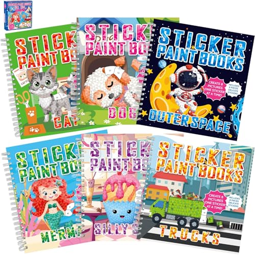 gisgfim 6 Pcs Paint by Sticker Books Sticker by Number Books Activity Book Sticker Puzzle Book Craft Art Gift with Mermaid Truck Outer Space Cat 48 Pictures Sticker by Number Book Set Party Favors - style: Cute Cartoon