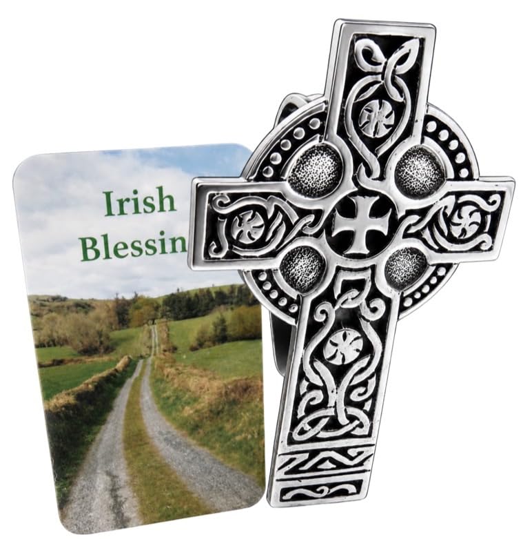 Irish Visor Clip Pewter Celtic Cross of Ireland Car Prayer Card for Drivers