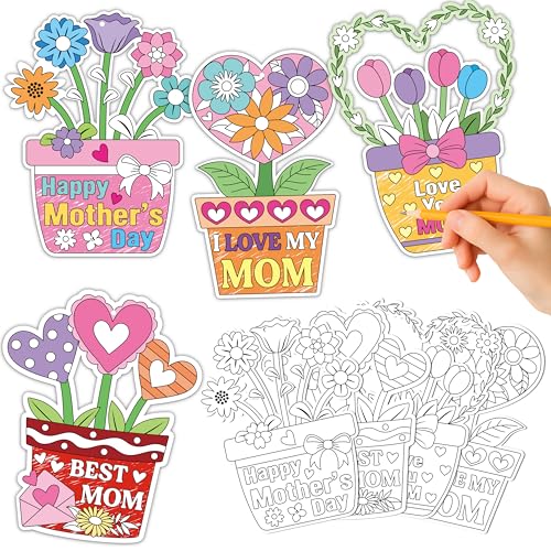 CY2SIDE Flower Pot Coloring Card Kit - 80Pcs Mother's Day Color Your Own Flower Pot Hanging Ornaments, 4 Styles Thank You Coloring Cards for Mom, Mother's Day Party Craft for Kids Classroom Activities - style: Mother Flower Pot