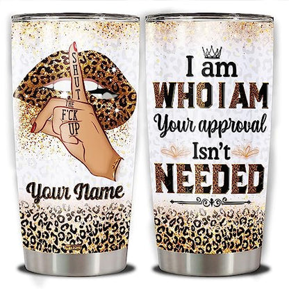 WAZONE Personalized Leopard Sexy Lips Print Tumbler Cup With Lid Custom Name Mothers Day Christmas Birthday Gifts for Women Mom Bestie Friends Stainless Steel 20oz 30oz Inspirational Present - color: Leopard