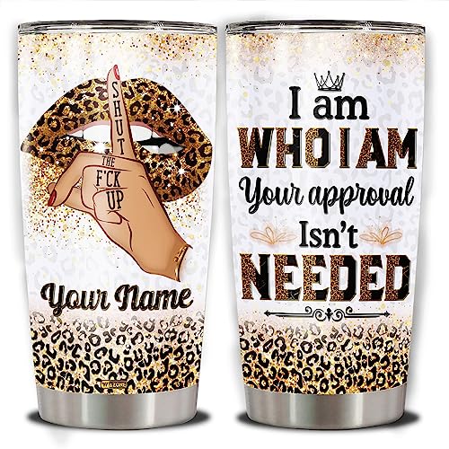 WAZONE Personalized Leopard Sexy Lips Print Tumbler Cup With Lid Custom Name Mothers Day Christmas Birthday Gifts for Women Mom Bestie Friends Stainless Steel 20oz 30oz Inspirational Present - color: Leopard