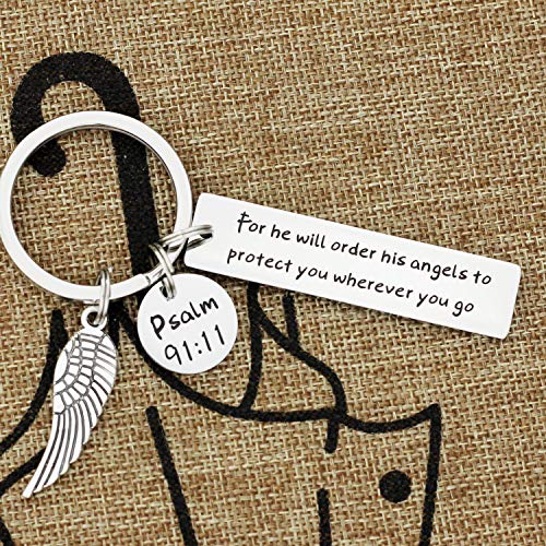 Kivosliviz Bible Verse Keychain for He Will Order His Angels to Protect You Scripture Keychain Religious Gifts - color: He Will Order His Angels