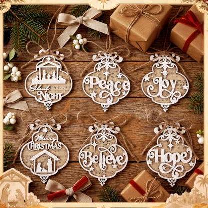 Shellwei 24 Pcs Christmas Ornament Bulk Wooden Nativity Scene Music Sheet - style: Quatrefoil