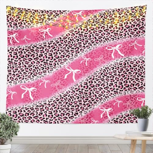 Erosebridal Bow Leopard Print Tapestry For Bedroom Aesthetic,Cheetah Print Tapestry 59x82,Princess Bow Wall Artwork,Animal Skin Texture Wall Tapestries - color: Black Pink, size: 82.7"L x 59.1"W