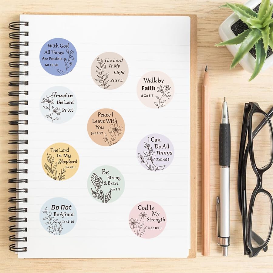 500 Pcs Bible Verse Stickers Roll 1 Inch Round Inspirational Christian Scripture Labels Floral Minimalist Faith Stickers for Journals, Planners, Scrapbooking, Gift Wrapping and Envelope Seals