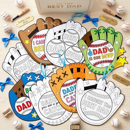 CY2SIDE Fathers Day Coloring Craft - 80PCS Color Your Own Best Dad Baseball Glove Cutout Hanging Ornament Caught The Best Dad DIY Baseball Theme Paper Card for Kids School Activity Fathers Day Gift - style: Father Baseball Glove