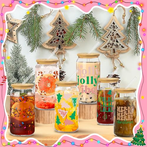 Glass Cups with Lids and Straws, 6Pack, 16oz, Christmas Candy - style: Gingerbread Tree