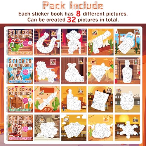 4 Pcs Western Cowboy Style Paint By Number Book Sticker Books Sticker by Number Books Activity Book Puzzle Craft Art Gift Party Birthday Gifts Decals with Cowboy Boots Horse Cactus 32 Pictures - style: Western Cowboy