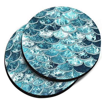 , Mermaid Scales Blue Wave Design Absorbent ROUND Fabric Felt Neoprene Car Coasters for Drinks, 2pcs Set - color: Mermaid Scales Blue Wave