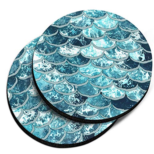 , Mermaid Scales Blue Wave Design Absorbent ROUND Fabric Felt Neoprene Car Coasters for Drinks, 2pcs Set - color: Mermaid Scales Blue Wave
