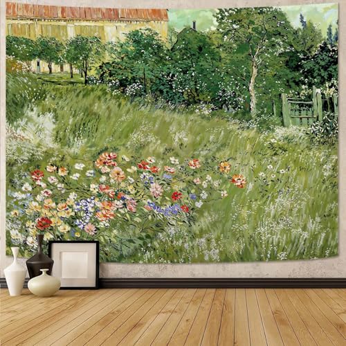 Haibimen Monet Tapestry Impressionist Art Landscape Tapestry for Bedroom Vintage Green Floral Garden Tapestries Wall Hanging for Living Room, Bedroom, Dorm (Green 2, 80''×60'') - color: green, size: 80"L x 60"W