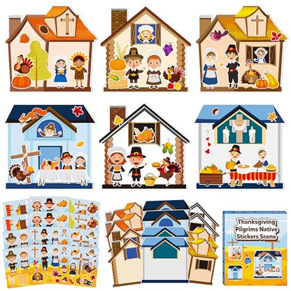 CY2SIDE Thanksgiving Pilgrimage Scene Sticker - 12 Set Pilgrims Theme Sticker Art Craft for Kids Classroom Activities, Make a Native American Scene Game with Turkey Decal for Thanksgiving Party Favors - style: Pilgrimage