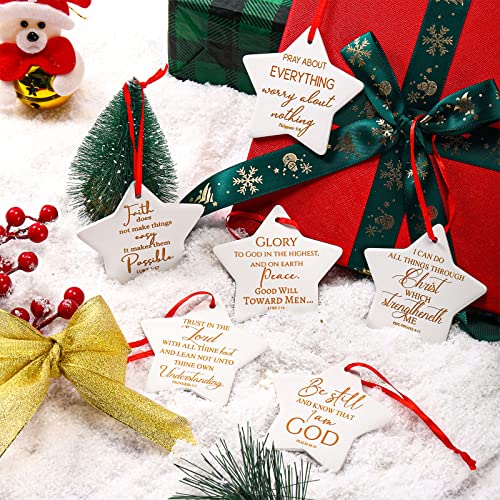 6 Pieces Christian Christmas Tree Ornaments Star Shaped Ceramic Ornament Flat Religious Bible Verse Inspirational Quotes Merry Christmas Keepsake Ornament Xmas Hanging Disc Ornaments for Appreciation