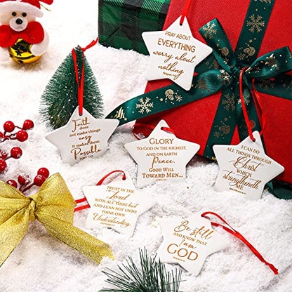 6 Pieces Christian Christmas Tree Ornaments Star Shaped Ceramic Ornament Flat Religious Bible Verse Inspirational Quotes Merry Christmas Keepsake Ornament Xmas Hanging Disc Ornaments for Appreciation