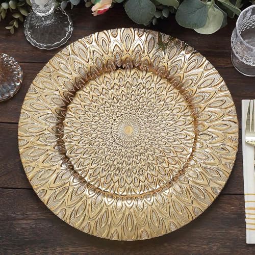 Efavormart 6-Pack 13" Gold Embossed Peacock Design Charger Plates, Luxury Textured Round Underplates for Exotic Weddings and Formal Banquets - color: Gold, size: Style16