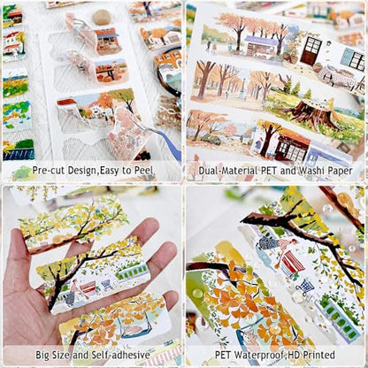 Fall Scenery Sticker Book, PET & Washi Stickers for Journaling - color: Gold-maple Memo